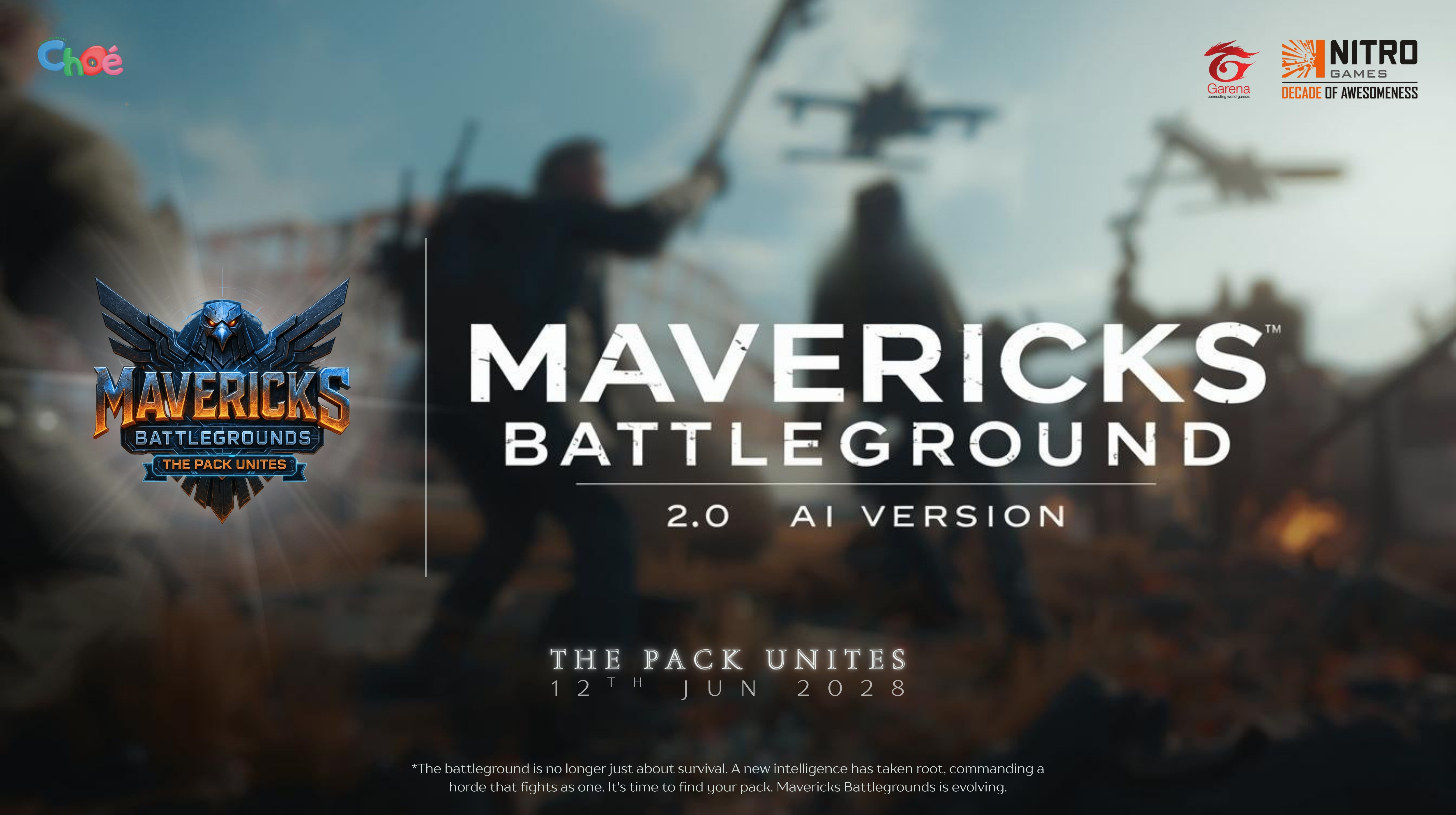 Mavericks Battleground — The Pack Unites banner showing futuristic city, aerial vehicles, and AI squads (by Dharmik Gohil)